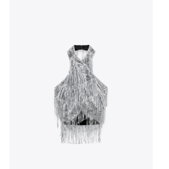 Tops - Silver Fringe Halter Top